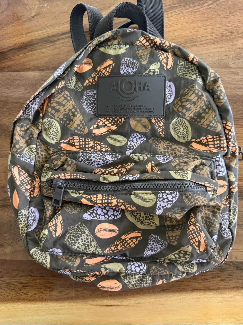 ALOHAS Olive Shell-Print Backpack with Orange and Cream Accents